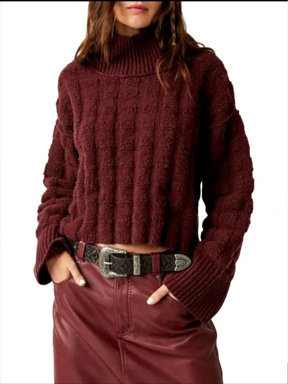 FREE PEOPLE Soul Searcher Mock Neck Sweater In Wine Heather Maroon S